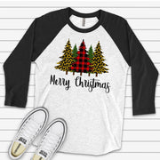 Christmas Raglan, Pretty Plaid and Leopard Trees with Merry Christmas Design on premium Raglan 3/4 sleeve shirt, plus size, 2X, 3X