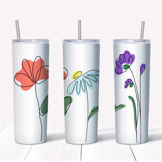 20 oz Skinny Tumbler, Modern Look Flower Skinny Tumbler, Line Drawings of Flowers Tumbler, 20 oz Stainless Steel Tumbler