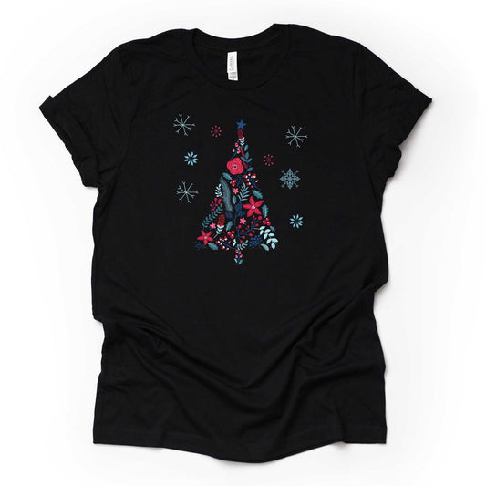 Christmas Tee, Scandanavian Christmas Tree and Snow, Nordic Christmas Tree Design on premium cotton unisex shirt, plus sizes, 2x, 3x, 4x