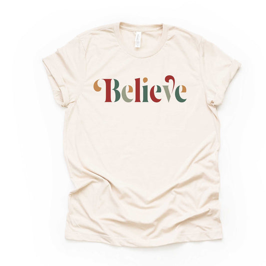 Christmas Tee, Cute BELIEVE, Retro Letters Christmas BELIEVE, 70s Style Believe Design,  premium cotton unisex shirt, plus sizes, 2x, 3x, 4x