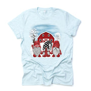 Christmas Tee, Winter Gnomes in Front of Red Barn, Gnomes in Snow Scene Design, premium cotton unisex shirt, plus sizes, 2x, 3x, 4x