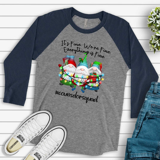 Christmas Gnomes, It's Fine, We're Fine, Everything is Fine, Counselor Squad Design on premium Raglan 3/4 sleeve shirt, plus size, 2X, 3X