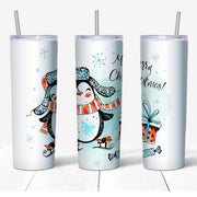 CUSTOM 20 oz Skinny Tumbler, Cute Christmas Penguin, Merry Christmas Penguin, Penguin in Wintry, Snowy Scene, 20 oz Stainless Steel Tumbler