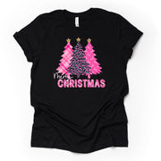 Christmas Tee, Bright Pink & Leopard Christmas Trees, Merry Christmas Design on premium unisex shirt, 2 color choices, plus sizes available