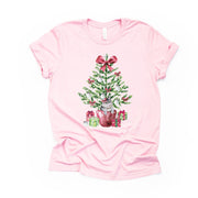 Christmas Tree, Cute Christmas Tree with Gray Cat and Pink Bow Design on premium unisex shirt, 3 color choices, plus size, 3x, 4x christmas