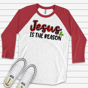 Christmas Raglan, Red Plaid JESUS Is The Reason with Holly, Christian Christmas Design on premium Raglan 3/4 sleeve shirt, plus size, 2X, 3X