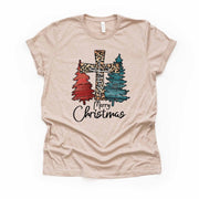 Christmas Tee, Leopard Cross with Christmas Trees, Christmas Cross Design on premium unisex shirt, 3 color choices, plus sizes available