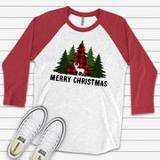 Christmas Raglan, Cute Red Plaid Christmas Trees with Deer, Christmas Deer Design on premium Raglan 3/4 sleeve shirt, plus size, 2X, 3X