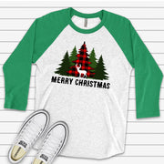 Christmas Raglan, Cute Red Plaid Christmas Trees with Deer, Christmas Deer Design on premium Raglan 3/4 sleeve shirt, plus size, 2X, 3X