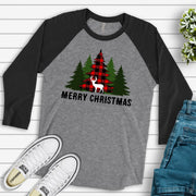 Christmas Raglan, Cute Red Plaid Christmas Trees with Deer, Christmas Deer Design on premium Raglan 3/4 sleeve shirt, plus size, 2X, 3X