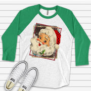 Christmas Raglan, Retro 70s Style Santa Claus Raglan, Old Fashioned Santa Design on premium Raglan 3/4 sleeve shirt, plus size, 2X, 3X