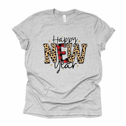 New Year's 2023 Tee, Red Buffalo Plaid and Leopard Happy New Year Design on premium Bella + Canvas unisex shirt, 3 color choices, plus size