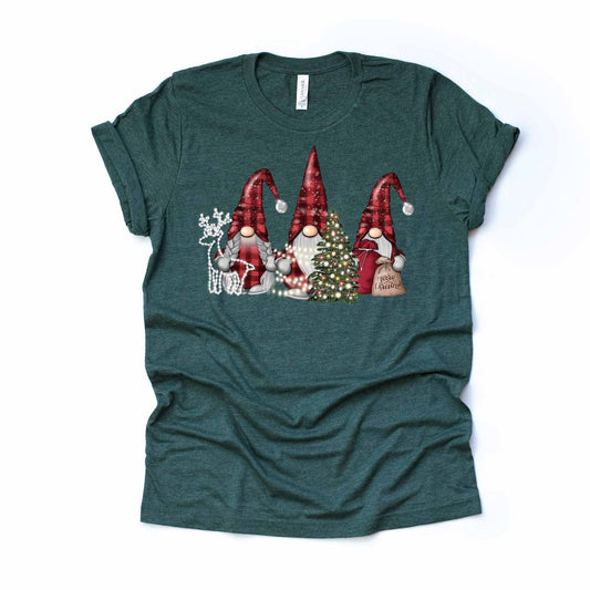 Christmas Tee, Pretty Christmas Gnomes in Red Plaid, Gnomes with Lights and deer Design, premium cotton unisex shirt, plus sizes, 2x, 3x, 4x