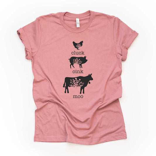 Farm Animals Tee, Cluck, Oink, Moo, Cute Floral Cow Pig and Chicken Tee Design on premium unisex shirt, 3 color choices, 3x, 4x, plus sizes