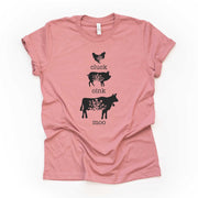 Farm Animals Tee, Cluck, Oink, Moo, Cute Floral Cow Pig and Chicken Tee Design on premium unisex shirt, 3 color choices, 3x, 4x, plus sizes