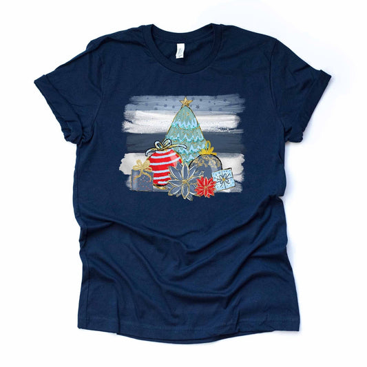 Pretty Christmas Brush Strokes with Christmas Tree and Ornaments Design on premium unisex shirt, 2 color choices, plus sizes available