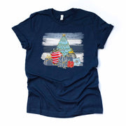 Pretty Christmas Brush Strokes with Christmas Tree and Ornaments Design on premium unisex shirt, 2 color choices, plus sizes available