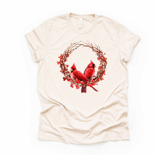 Christmas Tee, Pretty Cardinals in Wreath, Two Cardinals on Wreath Design, premium cotton unisex shirt, plus sizes, 2x, 3x, 4x