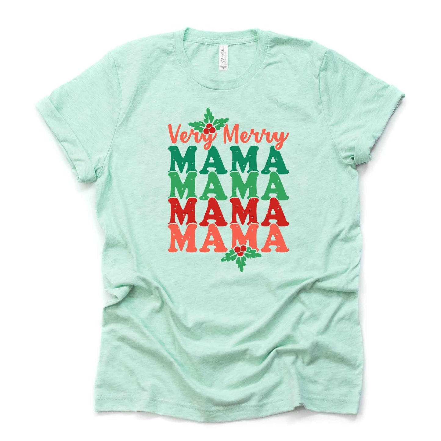Christmas Tee, Cute 70s Style Very Merry MAMA, Retro Merry Mama Design on premium unisex shirt, 2 color choices, plus sizes available