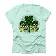 St Patrick's Day Tee, Plaid and Leopard Clover, Plaid Shamrock Design, premium unisex tee, 3 color choices, 2X, 3X, 4X, plus sizes available