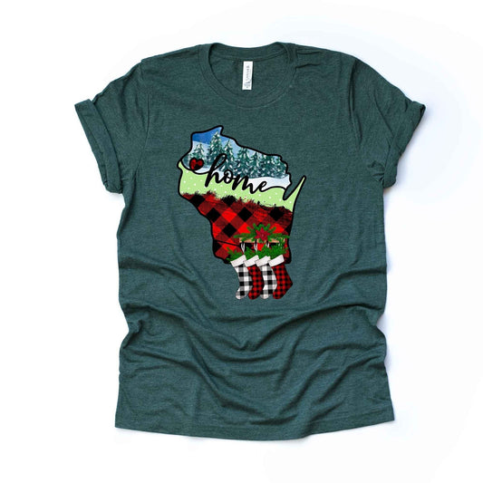 Christmas Tee, Christmas in Wisconsin, Buffalo Plaid WI Home Design, premium unisex shirt, 3 color choices, plus sizes, 3x and 4x christmas