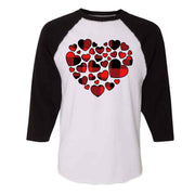 Valentine  Hearts Raglan, Cute Valentine Red Buffalo Plaid Hearts Design on premium Raglan 3/4 sleeve shirt, plus size, 2X raglan, 3X raglan