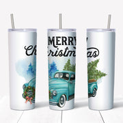 20 oz Skinny Tumbler, Merry Christmas Skinny Tumbler, Blue Christmas Truck Skinny Tumbler,  Christmas Skinny, 20 oz Stainless Steel Tumbler