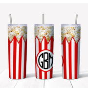 20 oz Skinny Tumbler, CUSTOM Popcorn Tumbler, Monogram Popcorn Skinny Tumbler,  Movie Popcorn Skinny, 20 oz Stainless Steel Tumbler