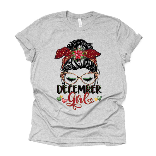 December Tee, December Birthday Girl, Christmas Birthday Girl, Messy Bun December Design, premium cotton unisex shirt, plus size, 2x, 3x, 4x