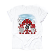 Christmas Tee, Winter Gnomes in Front of Red Barn, Gnomes in Snow Scene Design, premium cotton unisex shirt, plus sizes, 2x, 3x, 4x