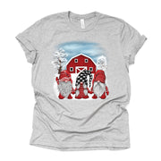 Christmas Tee, Winter Gnomes in Front of Red Barn, Gnomes in Snow Scene Design, premium cotton unisex shirt, plus sizes, 2x, 3x, 4x