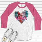 Valentine Raglan, Cute Neon Leopard Print Heart, Blessed Mama, Valentine Mom Design on premium Raglan 3/4 sleeve shirt, plus size, 2X, 3X