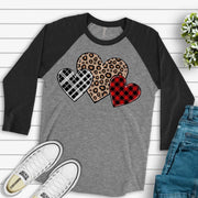 Valentine Raglan, Cute Valentine Hearts Leopard and Red & Black Plaid Valentine Design on premium Raglan 3/4 sleeve shirt, plus size, 2X, 3X