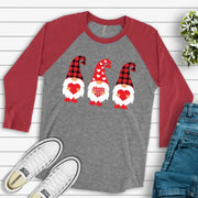 Valentine Raglan, Cute Valentine Gnomes with Plaid & Hearts Hats Valentine Design on premium Raglan 3/4 sleeve shirt, plus size, 2X, 3X
