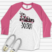 Valentine's Day Raglan, Cute Pink Plaid Truck XOXO Valentine Design on premium Raglan 3/4 sleeve shirt, plus size, 2X, 3X