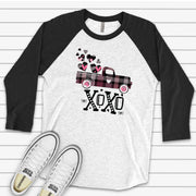 Valentine's Day Raglan, Cute Pink Plaid Truck XOXO Valentine Design on premium Raglan 3/4 sleeve shirt, plus size, 2X, 3X