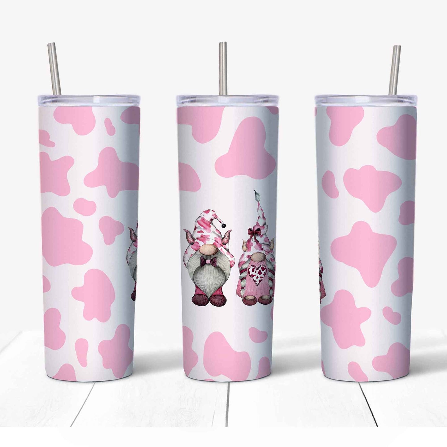 20 oz Skinny Tumbler, Cute Cow Gnomes Tumbler, Pink Cow Print Tumbler, Cow Print and Gnomes Tumbler, 20 oz Stainless Steel Tumbler