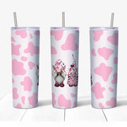 20 oz Skinny Tumbler, Cute Cow Gnomes Tumbler, Pink Cow Print Tumbler, Cow Print and Gnomes Tumbler, 20 oz Stainless Steel Tumbler