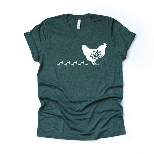 Chicken Tee, Pretty Floral Chicken with Tracks, Chicken Walking Across Design on premium unisex shirt, 3 color choices, 3x, 4x, plus sizes