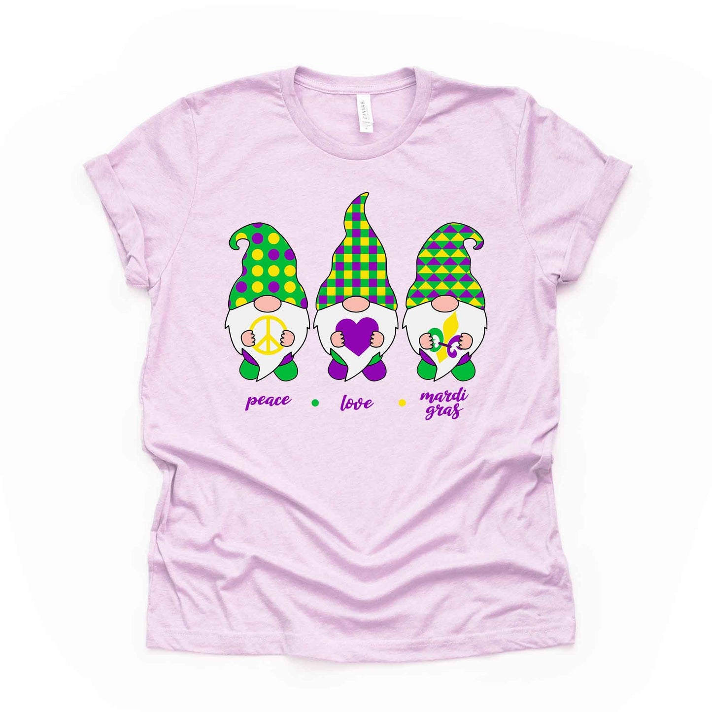Mardi Gras Gnome Tee, PEACE LOVE Mardi Gras with Beads Design on premium unisex shirt, 3 color choices, 2X, 3X, 4X, plus sizes available