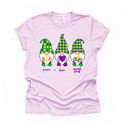 Mardi Gras Gnome Tee, PEACE LOVE Mardi Gras with Beads Design on premium unisex shirt, 3 color choices, 2X, 3X, 4X, plus sizes available
