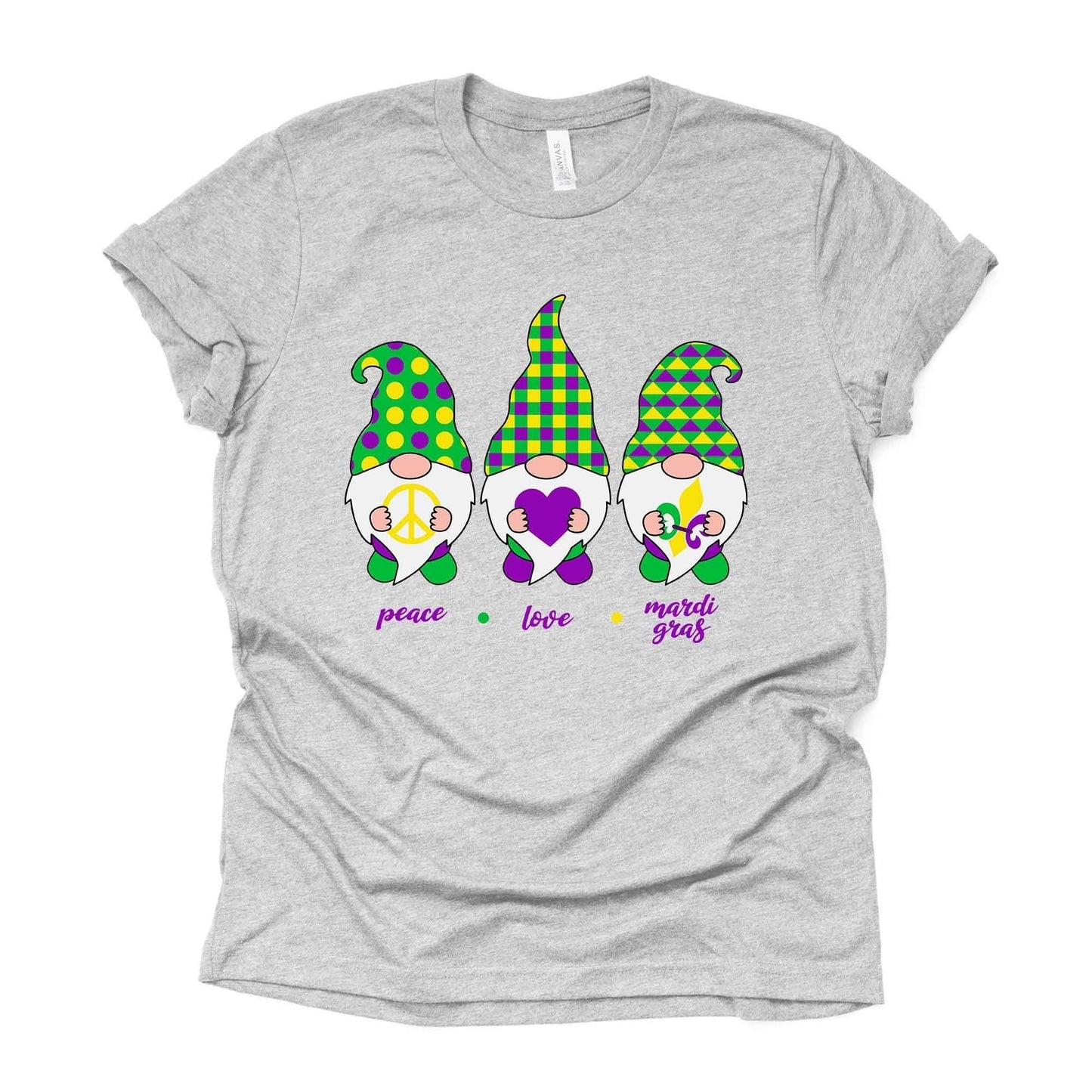 Mardi Gras Gnome Tee, PEACE LOVE Mardi Gras with Beads Design on premium unisex shirt, 3 color choices, 2X, 3X, 4X, plus sizes available