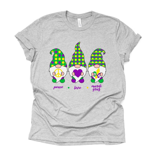 Mardi Gras Gnome Tee, PEACE LOVE Mardi Gras with Beads Design on premium unisex shirt, 3 color choices, 2X, 3X, 4X, plus sizes available
