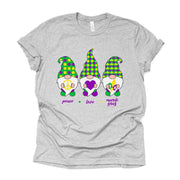 Mardi Gras Gnome Tee, PEACE LOVE Mardi Gras with Beads Design on premium unisex shirt, 3 color choices, 2X, 3X, 4X, plus sizes available