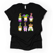 Mardi Gras Gnome Tee, Cute Mardi Gras Gnomes in a Row Design, premium unisex shirt, 3 color choices, 3x mardi gras, 4x mardi gras, plus size