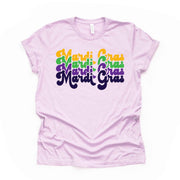 Retro Style Mardi Gras Tee, 70s Repeating Mardi Gras Design, premium unisex shirt, 3 color choices, 3x mardi gras, 4x mardi gras, plus size