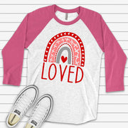 Valentine's Day Raglan, Cute Valentine Rainbow with LOVE, Pink and Red Rainbow on premium Raglan 3/4 sleeve shirt, plus size, 2X, 3X