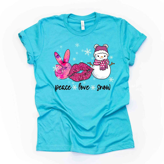 Snow Fun Shirt, PEACE LOVE SNOW, Cute Snowgirl, Love Snow with Lips Design on premium unisex shirt, 3 color choices, 3x snow, 4x snow