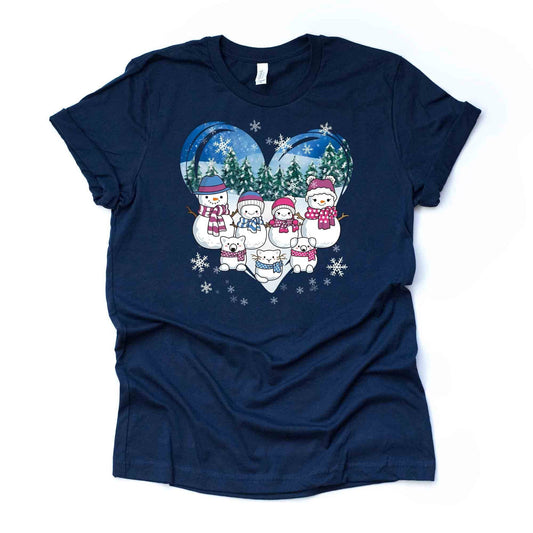 Snow Fun Shirt, Super Cute Snow People Family, Snowman, Snowcat, Snowdog Design on premium unisex shirt, 3 color choices, 3x snow, 4x snow