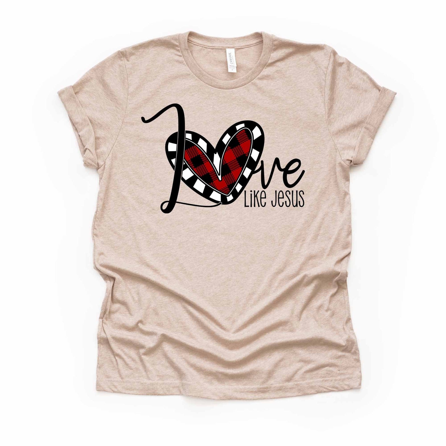 Valentine's Day, Christian Tee, Love Like Jesus, Plaid Heart Love design, premium unisex shirt, 3 color choices, 3x valentine, 4x valentine